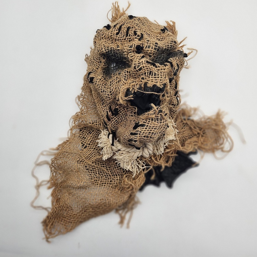 Scarecrow Burlap Jute Mask Adult Full Head Horror Costume Prop Distressed Latex